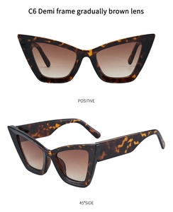 Detail view of tortoiseshell cat-eye sunglasses with brown gradient lenses from two angles