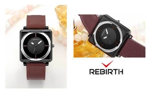 Detail view of square black watch with burgundy leather strap and minimal dial design