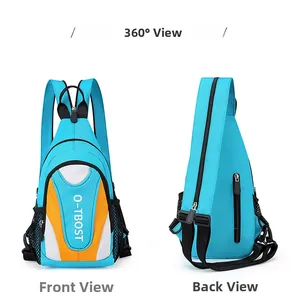 Front and back views of a blue multi-functional oxford chest bag with adjustable straps