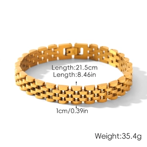 Detailed view of 18k gold plated stainless steel watch band bracelet with size specs