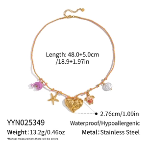 Detail of bohemian woven necklace with dimensions 48cm plus 5cm and heart charm size