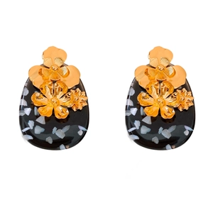 Vintage gold metal flower stud earrings with black teardrop resin terrazzo pendants