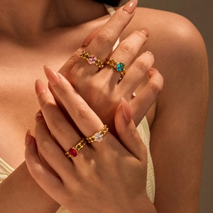 Anello Aperto Regolabile In Acciaio Inossidabile Placcato Oro 18K Per Donna Con Pietra Preziosa In Zircone Ovale Vintage