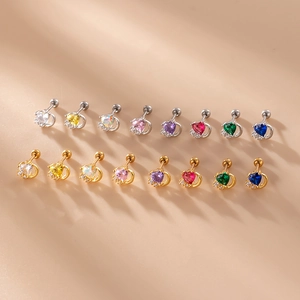 Colorful zircon heart screw back earrings in gold and silver plating with moon accents