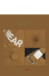 Detailed views of baseball cap with NEAR embroidery, metal buckle, and color options