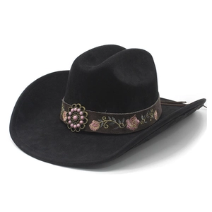 Chapeau de cowboy noir en feutre avec broderie florale et boucle en métal décorative