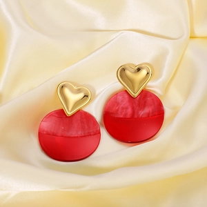 Exaggerated stainless steel heart earrings with red marble resin circle charms on silk