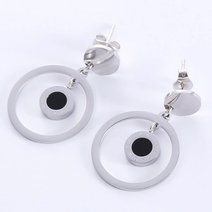 Exaggerated silver stainless steel hoop earrings with black Roman numeral clock pendant