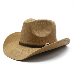 Classic straw western cowboy hat with brown band and silver buckles on white background