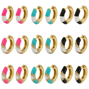Geometric Hoop Earrings Brass Gold Plated Color Block Enamel Cubic Zirconia Inlaid Jewelry For Women