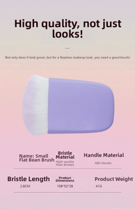 Detailed specs of purple flat blush brush with fiber bristles and ABS handle size 108x52x28mm