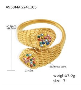 Macro detail of adjustable stainless steel snake ring with colorful zircon inlays