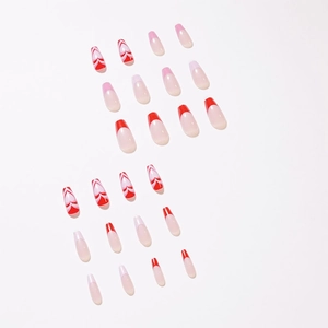 French heart press-on nail kit with 24 long coffin shape red and pink fake nails