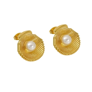 French style 18K gold plated shell stud earrings with white pearl center for women