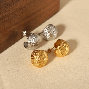 18K gold and silver plated stainless steel C-shape earrings with pleated metal texture