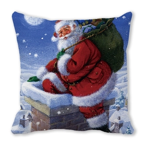 Detailed view of a Santa Claus printed pillowcase on a textured peach skin fabric