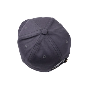 Classic dark grey six-panel short brim baseball cap with adjustable metal buckle closure