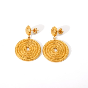 Elegant 18k gold plated stainless steel earrings with spiral concentric texture
