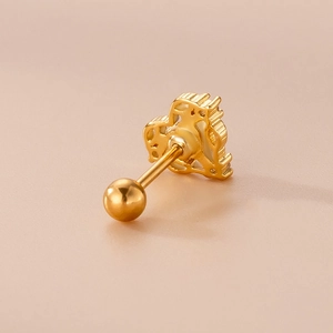 Detail view of gold heart crown stud earring with a secure screw-back ball closure
