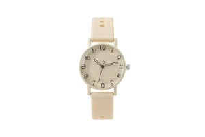 Close-up of beige quartz watch with creative numerals and heart-shaped needle detail