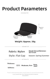 Detailed size specifications for the breathable black nylon flat top army sun hat