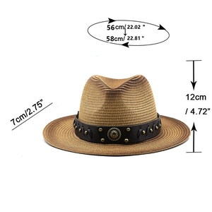 British style brown woven straw fedora hat with leather band and dimensions display
