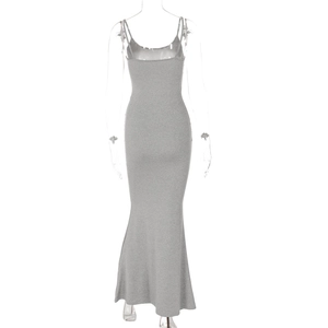 Detail view of grey sleeveless maxi dress featuring a soft stretch fabric and fishtail hem