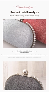 Macro shot of faux pearl trim and pearl clasp on evening bags in multiple colors