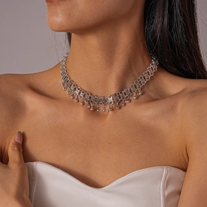 Silver double layer choker necklace with metal padlock and ball bead fringe design