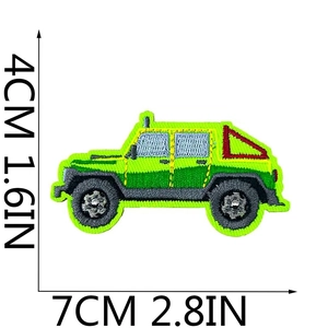 Detail of green off-road vehicle embroidery patch with 7cm x 4cm size dimensions