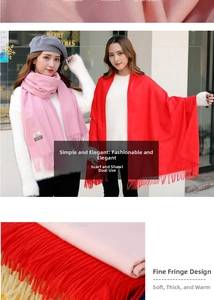 Detail of soft cashmere-like scarf showing thick texture and elegant long tassels