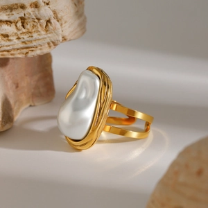18k gold plated stainless steel baroque pearl open ring with elegant vintage design