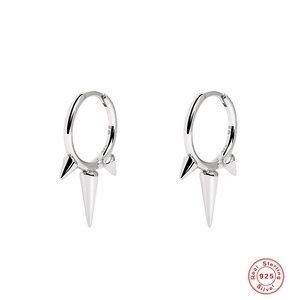 Polished S925 sterling silver geometric hoop earrings with three sharp cone spikes