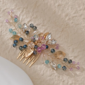 Pettine per capelli fatto a mano con cristalli viola e perline blu per sposa