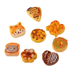 Set of 8 realistic miniature resin bakery charms including cat toast and donuts