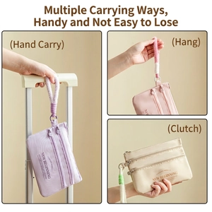Portable passport travel organizer with colorful straps in purple, pink and white