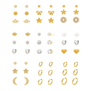 Lot de 21 paires de boucles d'oreilles en acier doré avec zircon et motifs cœurs