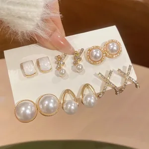Set of 6 gold plated pearl and rhinestone stud earrings for elegant women fashion