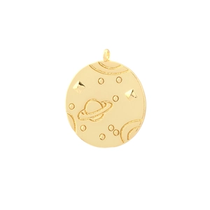 Detailed close-up of golden round pendant with engraved planet and celestial patterns