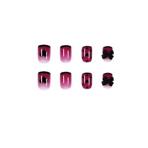 Faux ongles violets à pois de style français avec nœuds noirs 3D et motifs de cœur