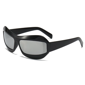 Futuristic shield sunglasses with black frame and silver mirrored lenses for cycling
