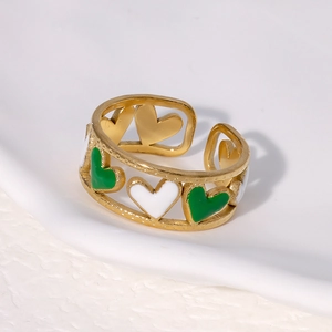 Minimalist gold stainless steel open ring with green and white enamel hearts