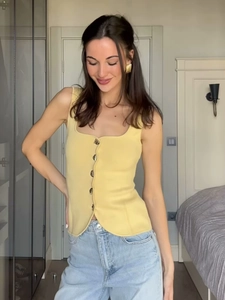 Débardeur En Tricot Pour Femmes Boutonné Sans Manches Été Vacances Décontracté Uni Col Carré Gilet Polyester