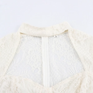 Elegant off-white lace dress featuring a chic heart-shaped neckline and short sleeves