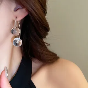 Minimalist silver long hook earrings with dual transparent glass spheres for women