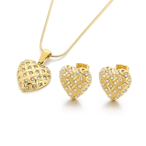 Golden heart-shaped woven jewelry set with necklace and earrings featuring sparkling crystals