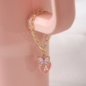 Pink heart and butterfly charm with letter A for Stanley cup accessory