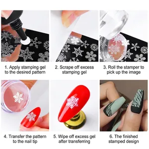 Transparent nail stamper set with scraper showing 6-step winter snowflake design process