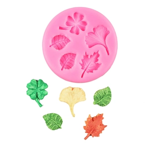 Pink silicone leaf mold for fondant chocolate with clover maple and ginkgo leaf shapes