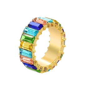 Rainbow rectangular zircon ring in gold finish shown from a 45-degree angle on white background